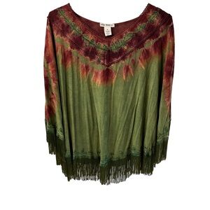NWT Indigo Thread Co. Brown, Green Fringe Poncho with Embroidered Detail